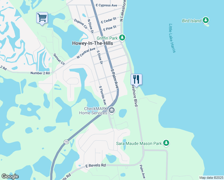 map of restaurants, bars, coffee shops, grocery stores, and more near 512 South Palm Avenue in Howey-in-the-Hills