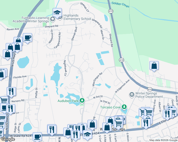 map of restaurants, bars, coffee shops, grocery stores, and more near 40 Moree Loop in Winter Springs
