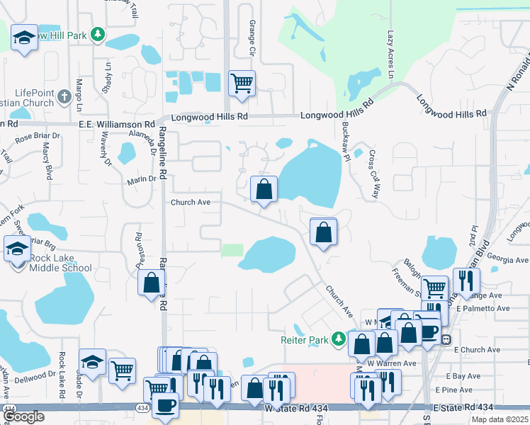 map of restaurants, bars, coffee shops, grocery stores, and more near 585 West Church Avenue in Longwood