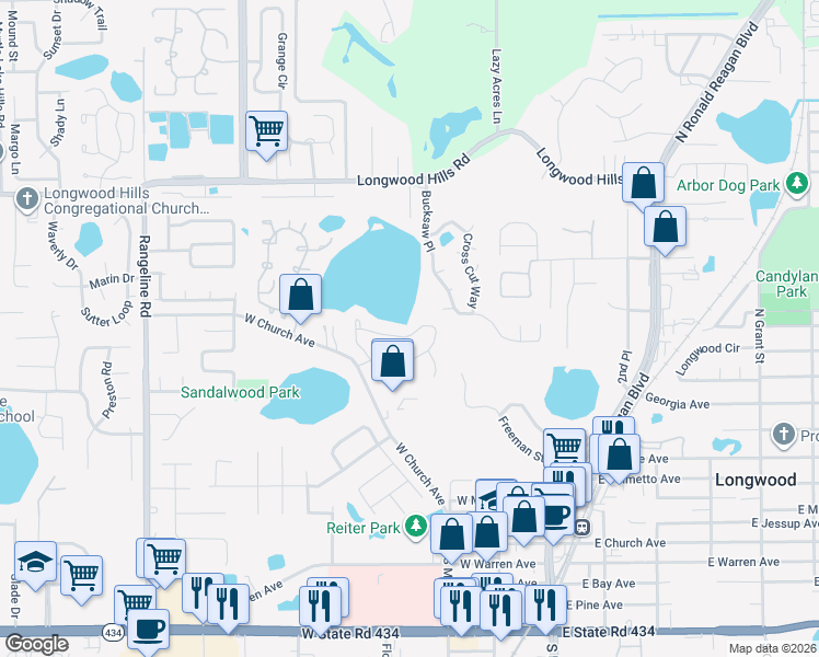 map of restaurants, bars, coffee shops, grocery stores, and more near 539 Tiberon Cove Road in Longwood