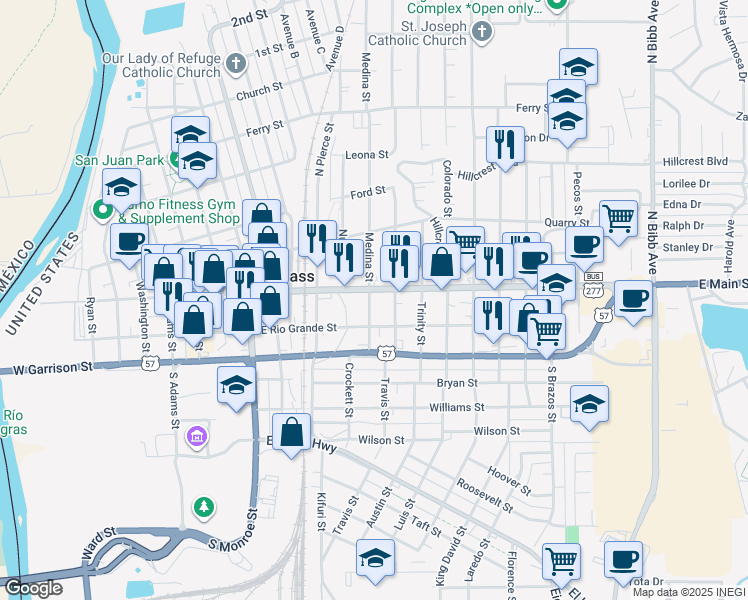 map of restaurants, bars, coffee shops, grocery stores, and more near 273 Medina Street in Eagle Pass