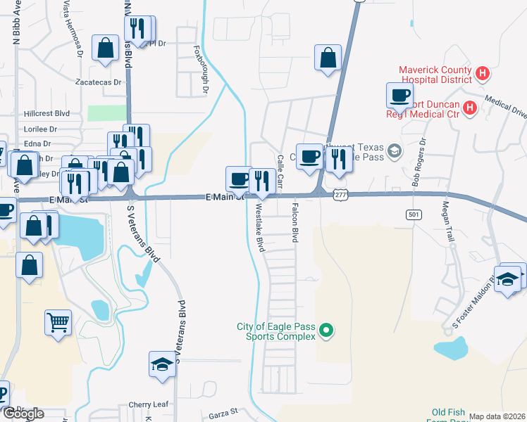 map of restaurants, bars, coffee shops, grocery stores, and more near 107 Westlake Boulevard in Eagle Pass