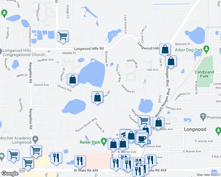 map of restaurants, bars, coffee shops, grocery stores, and more near 525 Tiberon Cove Road in Longwood