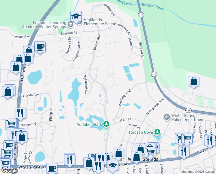 map of restaurants, bars, coffee shops, grocery stores, and more near 429 Sheoah Boulevard in Winter Springs