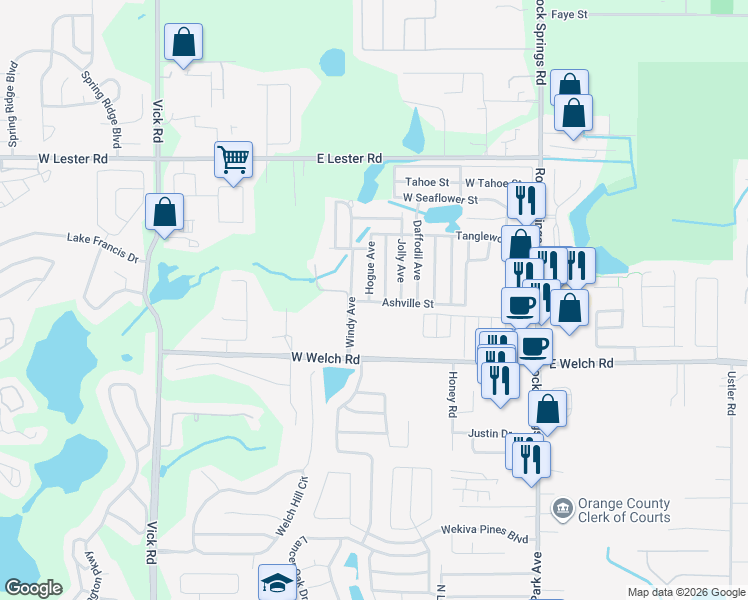 map of restaurants, bars, coffee shops, grocery stores, and more near 1737 Jolly Avenue in Apopka