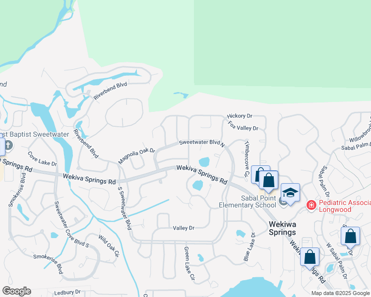 map of restaurants, bars, coffee shops, grocery stores, and more near 403 Sweetwater Boulevard North in Longwood
