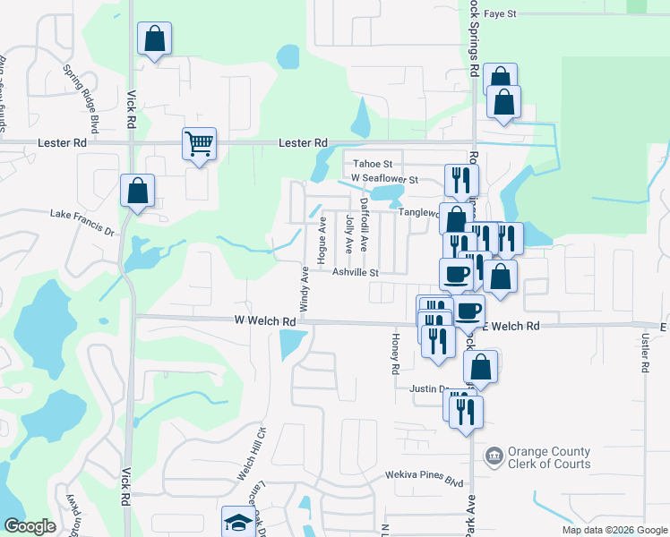 map of restaurants, bars, coffee shops, grocery stores, and more near 1737 Jolly Avenue in Apopka