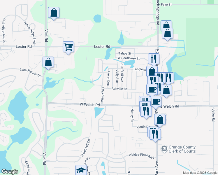 map of restaurants, bars, coffee shops, grocery stores, and more near 1737 Jolly Avenue in Apopka