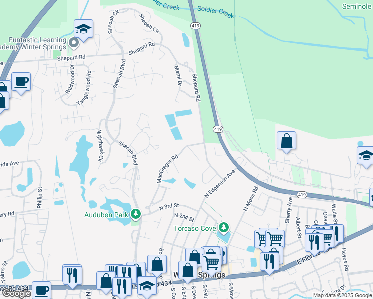 map of restaurants, bars, coffee shops, grocery stores, and more near 450 Dewars Court in Winter Springs