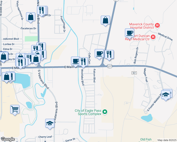map of restaurants, bars, coffee shops, grocery stores, and more near 2924 East Main Street in Eagle Pass