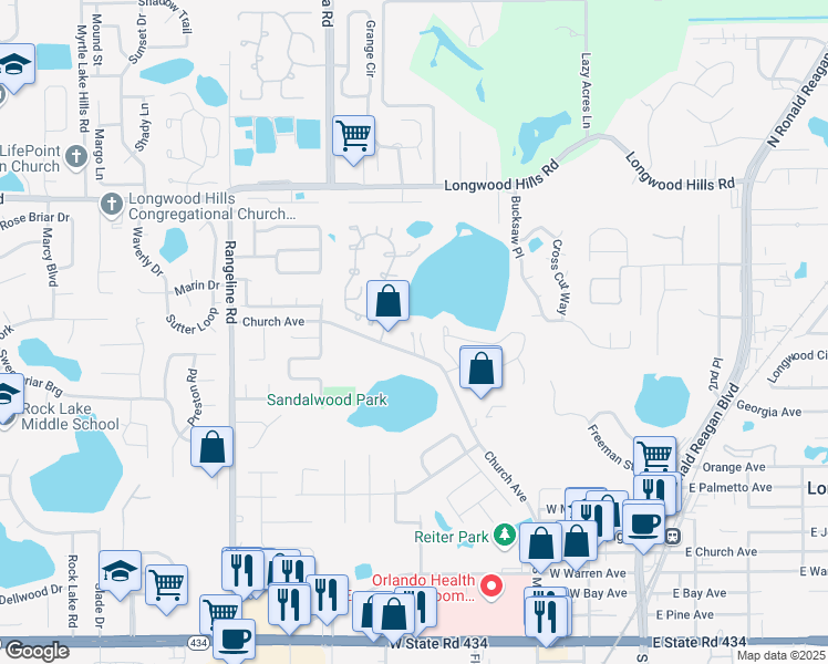 map of restaurants, bars, coffee shops, grocery stores, and more near 585 West Church Avenue in Longwood