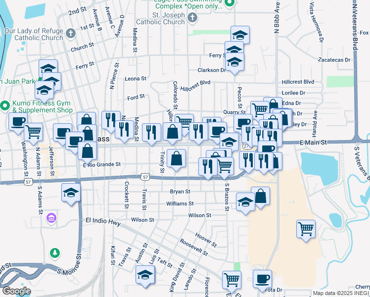 map of restaurants, bars, coffee shops, grocery stores, and more near 263-299 N Comal St in Eagle Pass