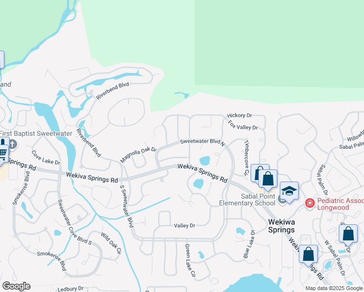 map of restaurants, bars, coffee shops, grocery stores, and more near 403 Sweetwater Boulevard North in Longwood