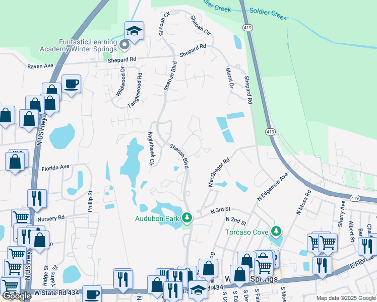 map of restaurants, bars, coffee shops, grocery stores, and more near 429 Sheoah Boulevard in Winter Springs