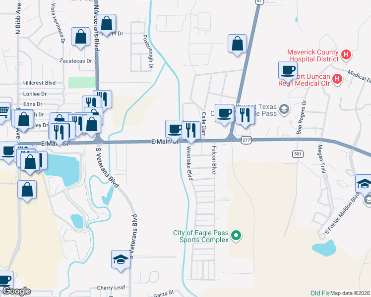 map of restaurants, bars, coffee shops, grocery stores, and more near 107 Westlake Boulevard in Eagle Pass