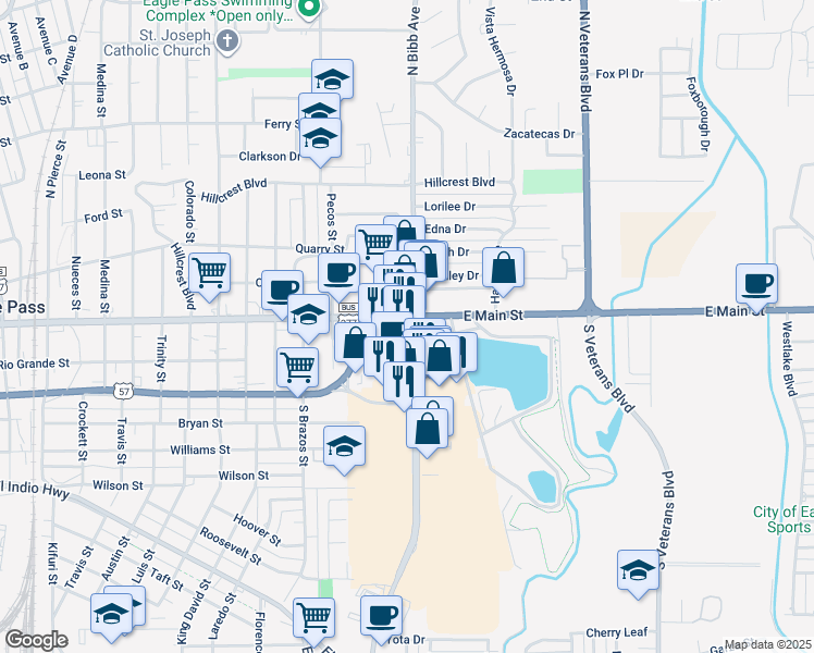 map of restaurants, bars, coffee shops, grocery stores, and more near 2190 East Main Street in Eagle Pass