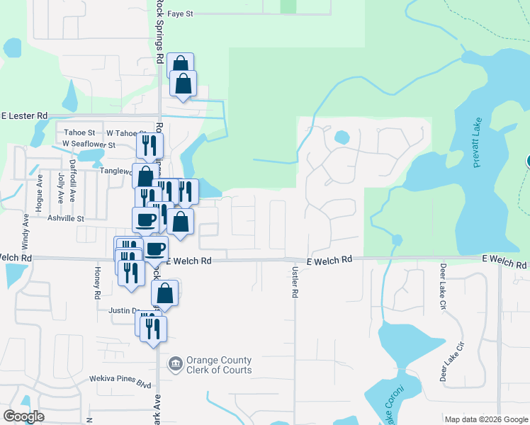 map of restaurants, bars, coffee shops, grocery stores, and more near 1751 Parkglen Circle in Apopka