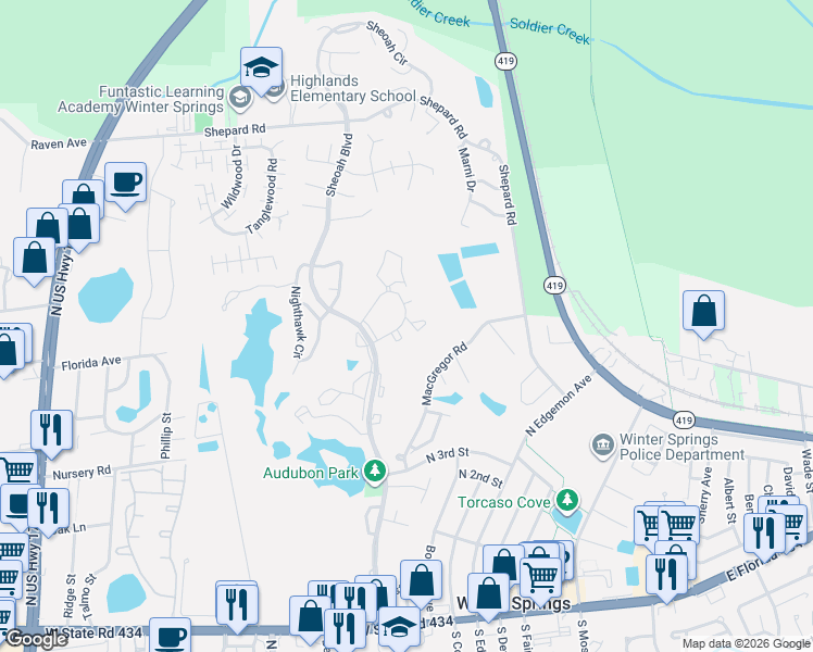 map of restaurants, bars, coffee shops, grocery stores, and more near 40 Moree Loop in Winter Springs