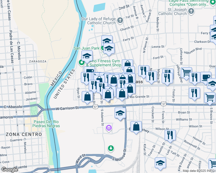 map of restaurants, bars, coffee shops, grocery stores, and more near 399 Main Street in Eagle Pass