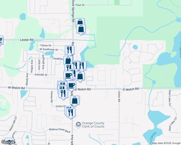 map of restaurants, bars, coffee shops, grocery stores, and more near 1613 Boulder Creek Court in Apopka