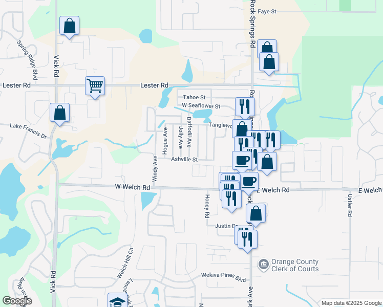map of restaurants, bars, coffee shops, grocery stores, and more near 124 Ashville Street in Apopka