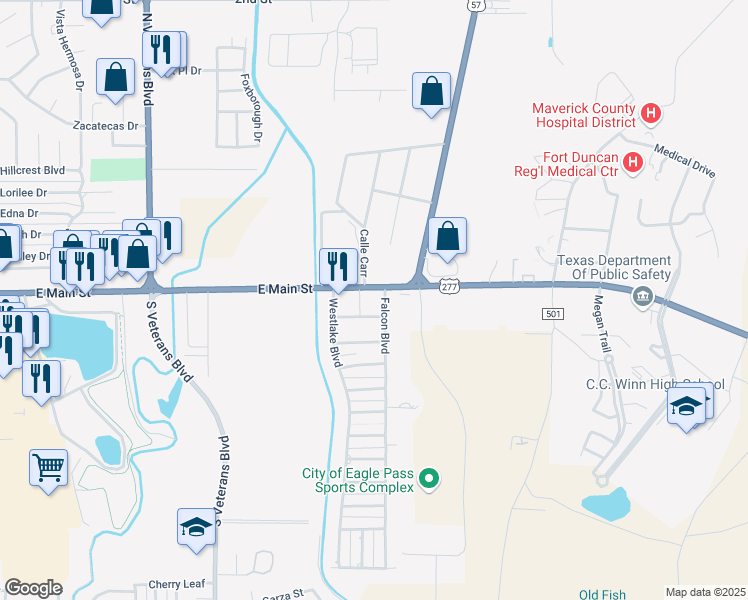 map of restaurants, bars, coffee shops, grocery stores, and more near 2924 East Main Street in Eagle Pass