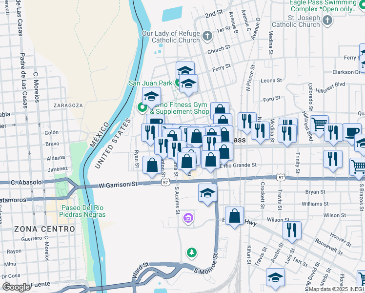 map of restaurants, bars, coffee shops, grocery stores, and more near 399 Main St in Eagle Pass