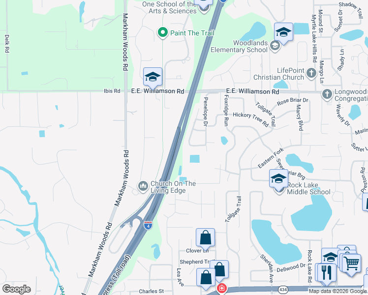 map of restaurants, bars, coffee shops, grocery stores, and more near 110 Des Pinar Lane in Longwood