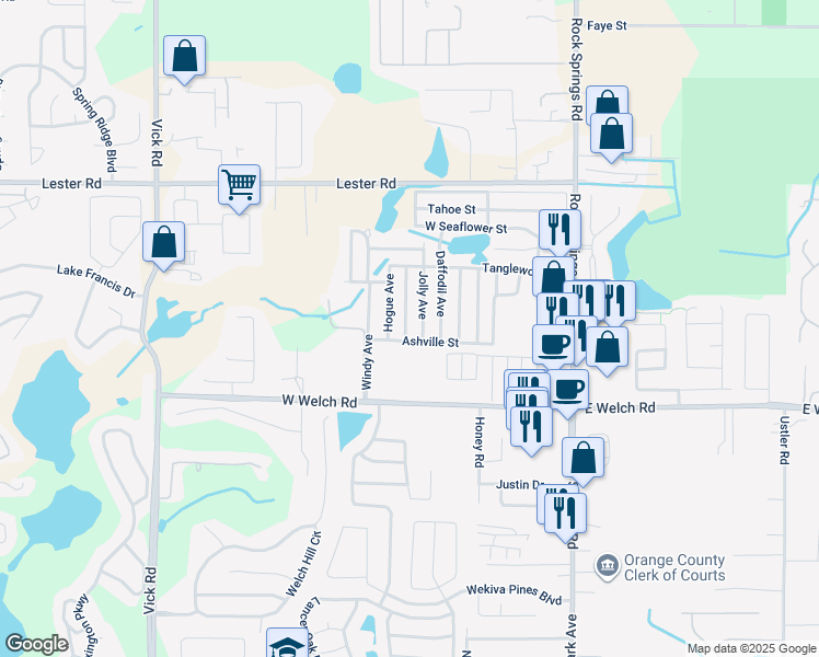 map of restaurants, bars, coffee shops, grocery stores, and more near 1635 Sunburst Drive in Apopka
