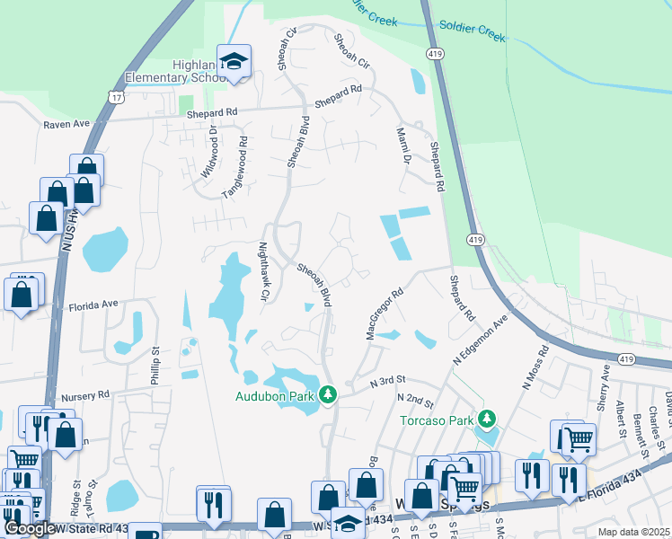 map of restaurants, bars, coffee shops, grocery stores, and more near 429 Sheoah Boulevard in Winter Springs