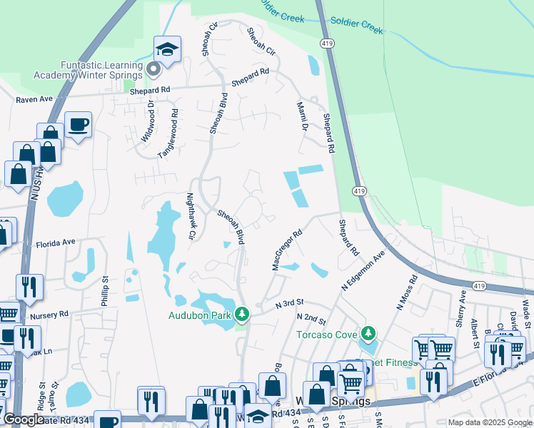 map of restaurants, bars, coffee shops, grocery stores, and more near 70 Moree Loop in Winter Springs