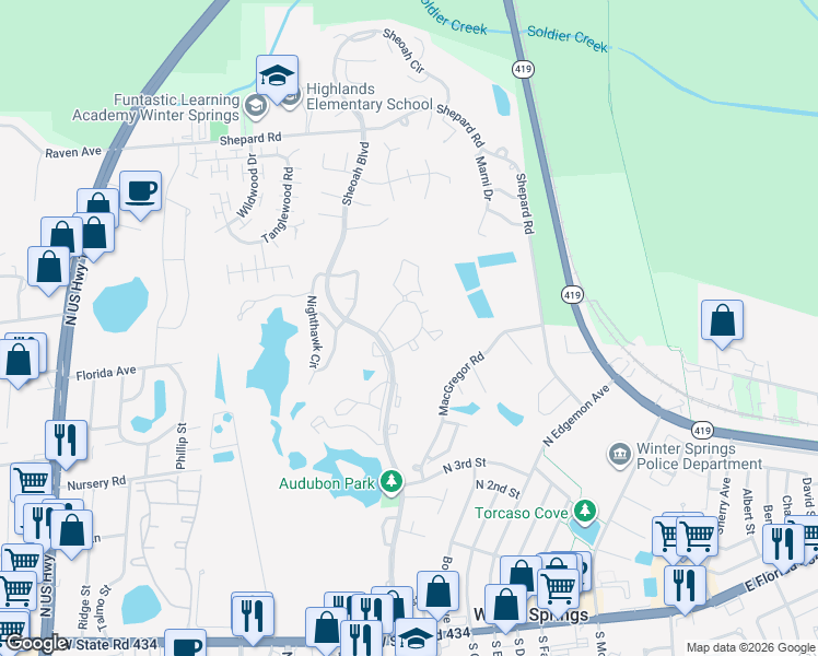 map of restaurants, bars, coffee shops, grocery stores, and more near 220 Moree Loop in Winter Springs