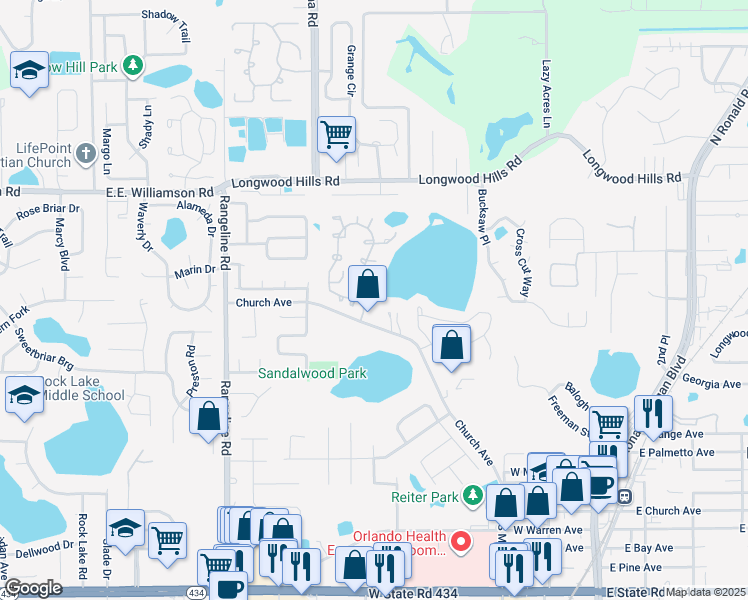 map of restaurants, bars, coffee shops, grocery stores, and more near 585 West Church Avenue in Longwood