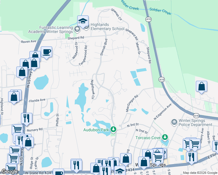 map of restaurants, bars, coffee shops, grocery stores, and more near 429 Sheoah Boulevard in Winter Springs