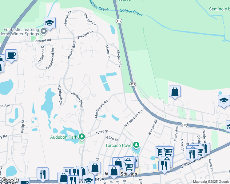 map of restaurants, bars, coffee shops, grocery stores, and more near 450 Dewars Court in Winter Springs