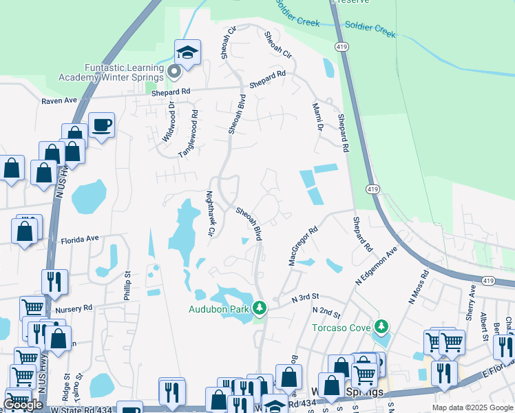 map of restaurants, bars, coffee shops, grocery stores, and more near 429 Sheoah Boulevard in Winter Springs