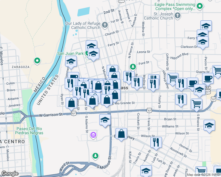 map of restaurants, bars, coffee shops, grocery stores, and more near in Eagle Pass