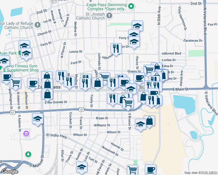 map of restaurants, bars, coffee shops, grocery stores, and more near 263 North Comal Street in Eagle Pass