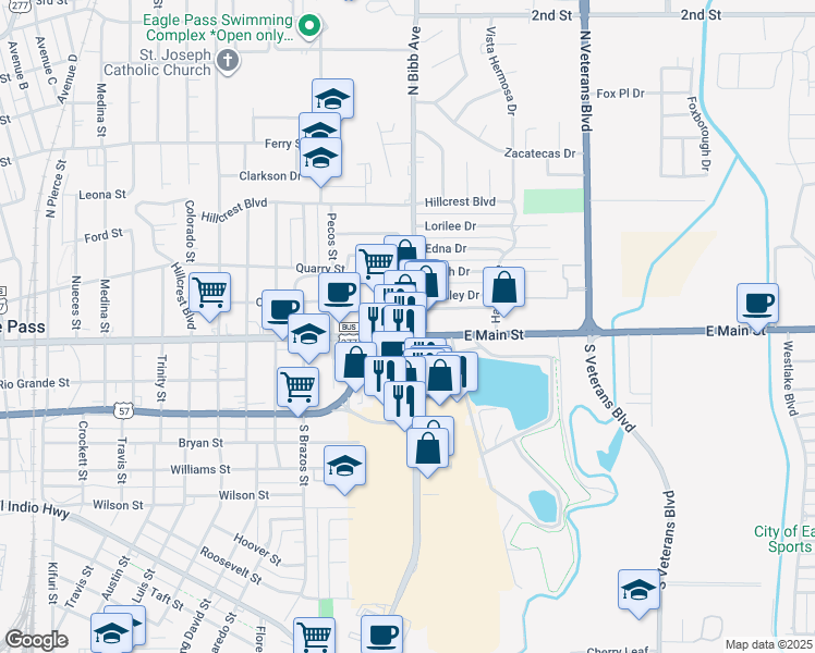 map of restaurants, bars, coffee shops, grocery stores, and more near 2190 East Main Street in Eagle Pass