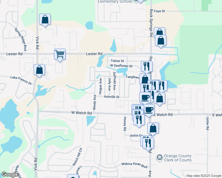 map of restaurants, bars, coffee shops, grocery stores, and more near 1677 Jolly Avenue in Apopka