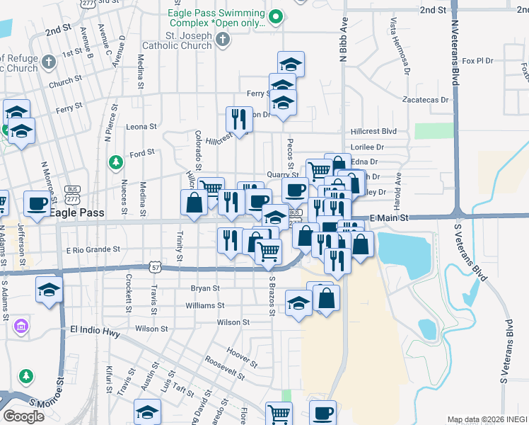 map of restaurants, bars, coffee shops, grocery stores, and more near 1955 Main Street in Eagle Pass
