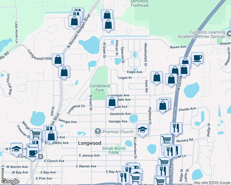 map of restaurants, bars, coffee shops, grocery stores, and more near 1042 Reams Street in Longwood