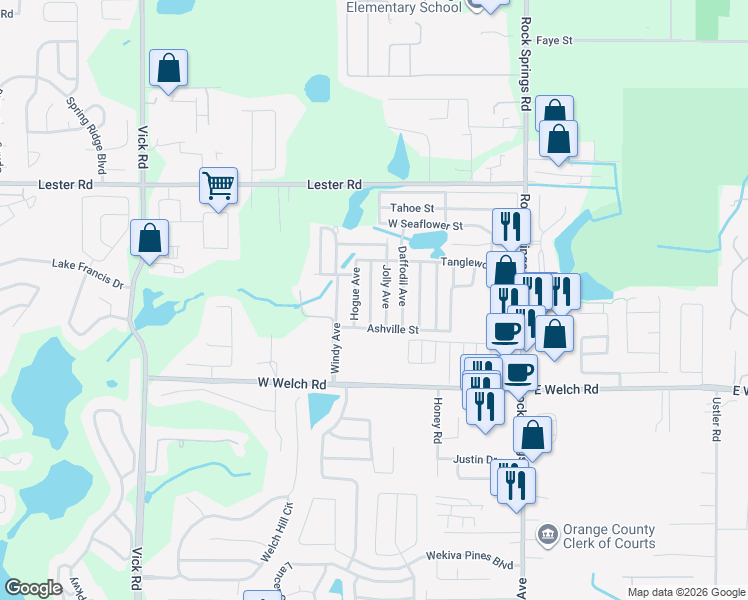 map of restaurants, bars, coffee shops, grocery stores, and more near 1737 Jolly Avenue in Apopka