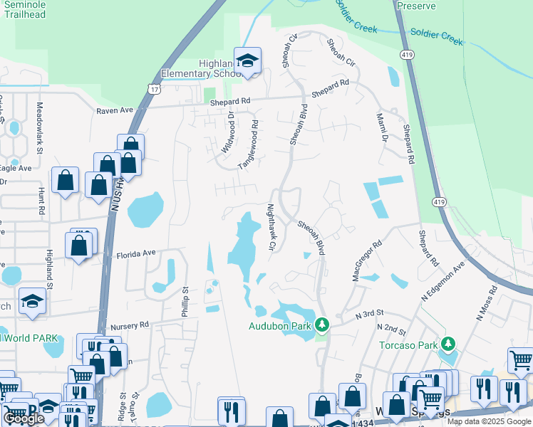 map of restaurants, bars, coffee shops, grocery stores, and more near 618 Nighthawk Circle in Winter Springs