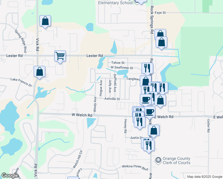 map of restaurants, bars, coffee shops, grocery stores, and more near 1737 Jolly Avenue in Apopka