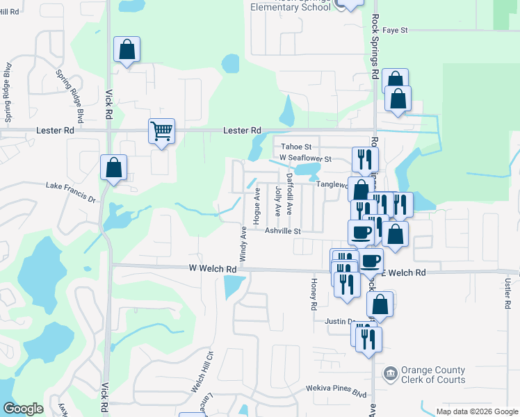 map of restaurants, bars, coffee shops, grocery stores, and more near 1753 Windy Avenue in Apopka