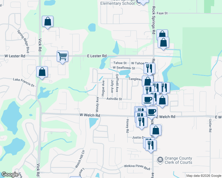 map of restaurants, bars, coffee shops, grocery stores, and more near 1768 Daffodil Avenue in Apopka