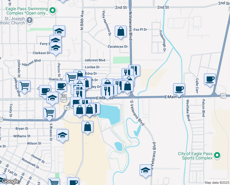 map of restaurants, bars, coffee shops, grocery stores, and more near 2421 East Main Street in Eagle Pass