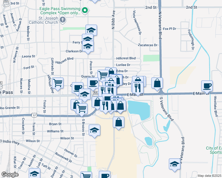 map of restaurants, bars, coffee shops, grocery stores, and more near 2302 Stanley Drive in Eagle Pass