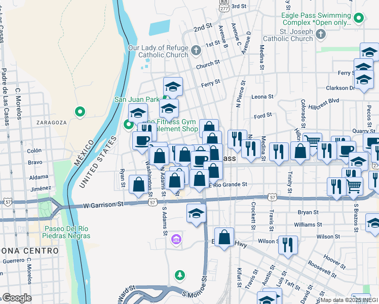 map of restaurants, bars, coffee shops, grocery stores, and more near 444 Madison Street in Eagle Pass